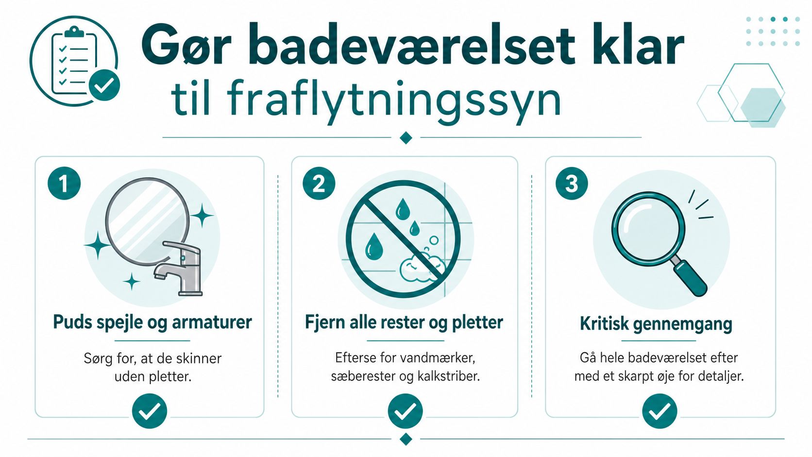 Badeværelsesinspektion med spejl, vask og rengøring.