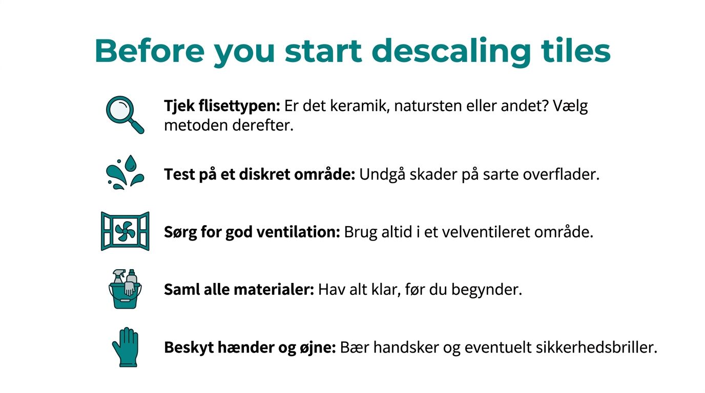 Råd til descaling af fliser med fokus på sikkerhed og ventilation.