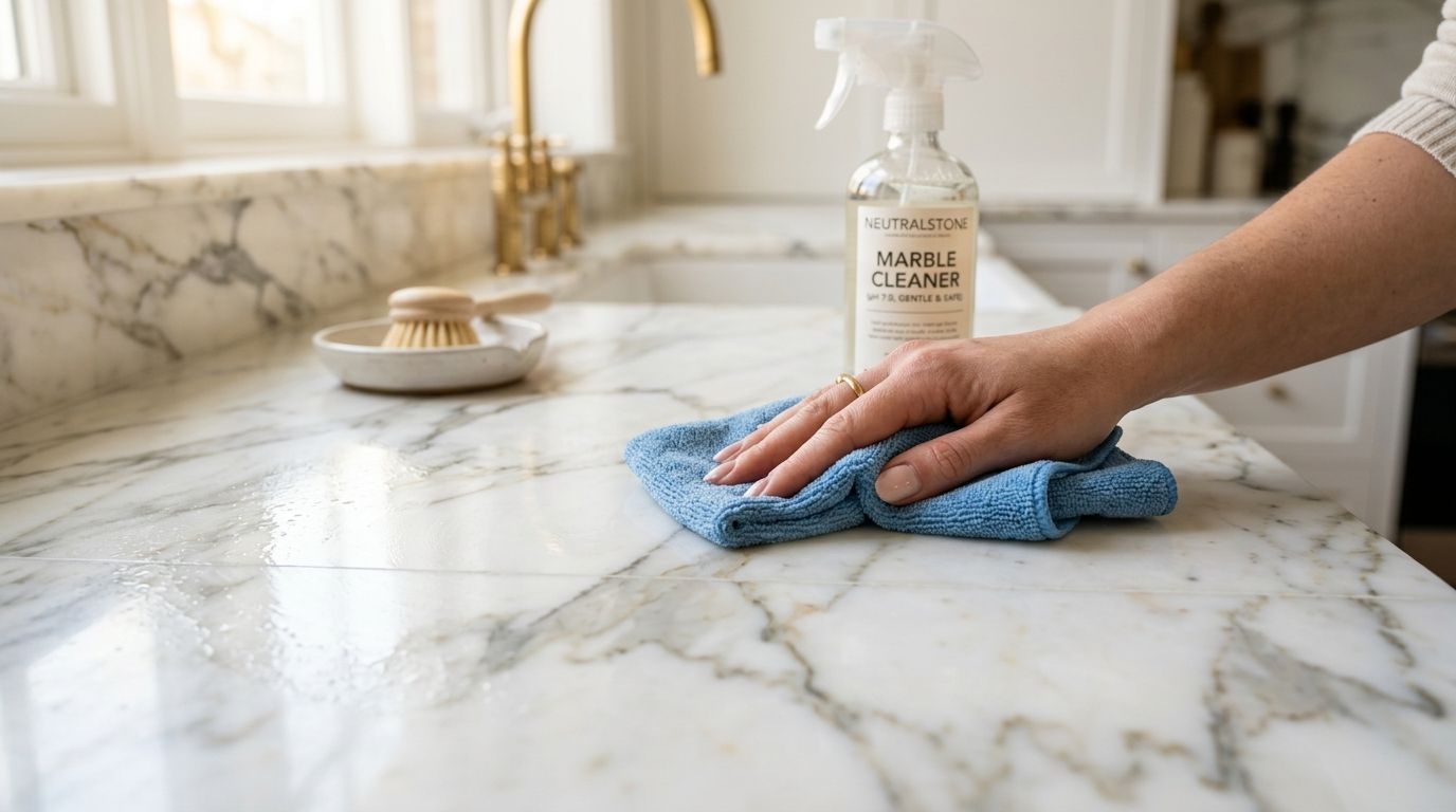 Person rengør marmorfliser med klud og marble cleaner spray.