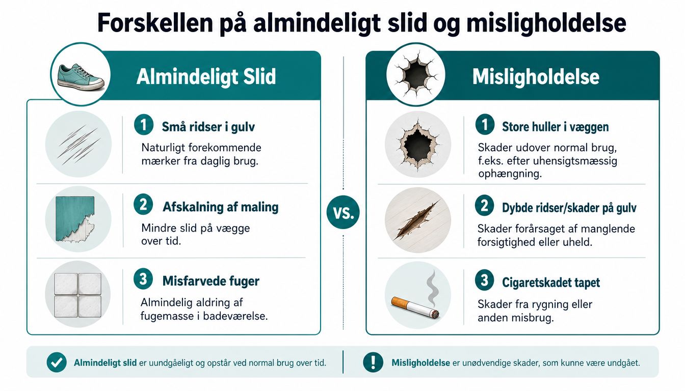 En infografik der forklarer forskellen på almindeligt slid og misligholdelse i en lejebolig med konkrete eksempler.
