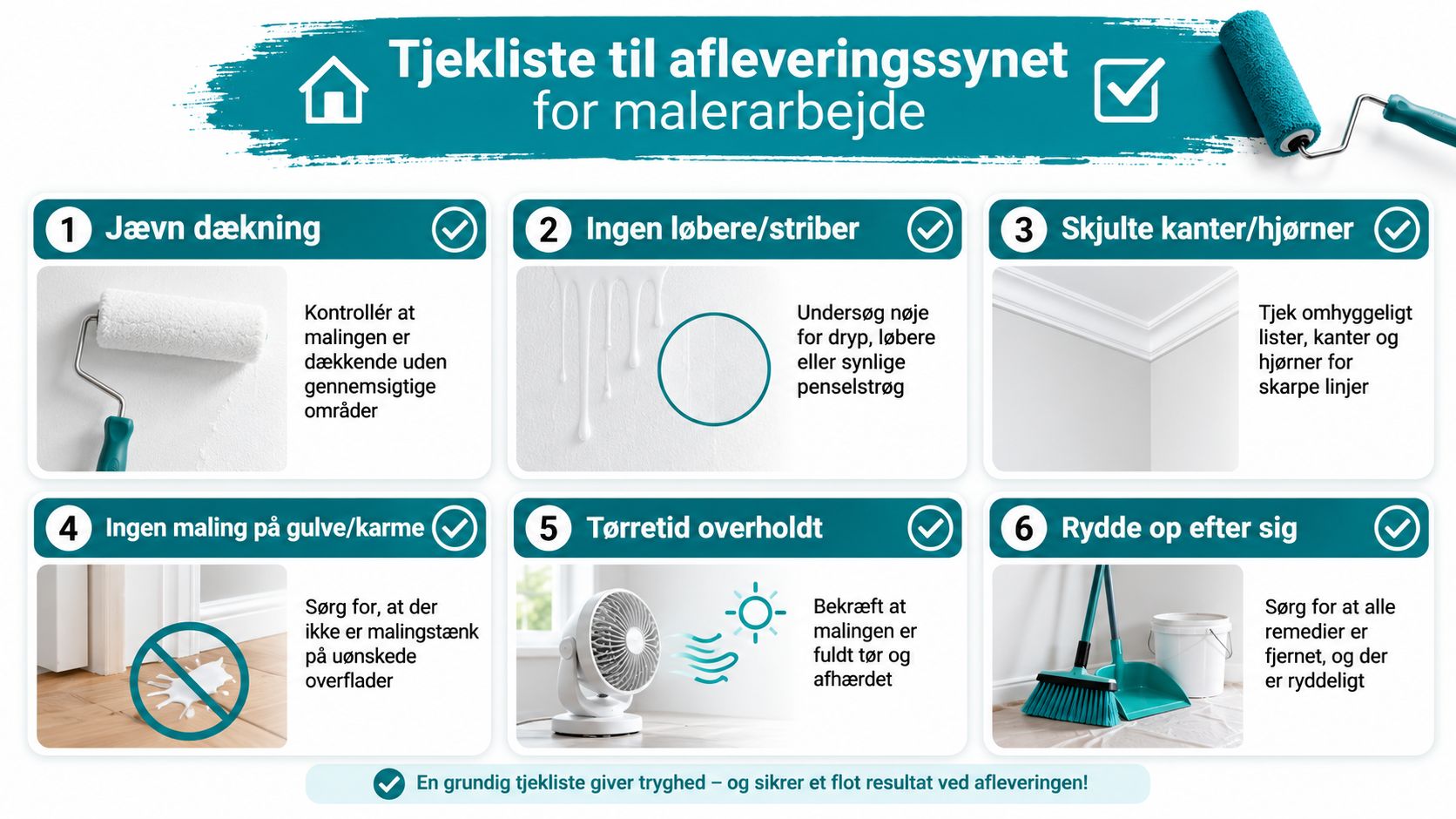 Tjekliste til afleveringssyn for malerarbejde med seks vigtige punkter for et professionelt og flot malet resultat.
