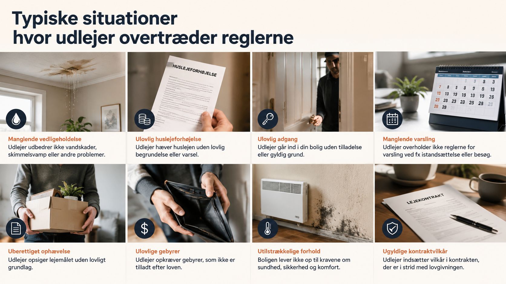 En infografik der viser otte eksempler på situationer, hvor en udlejer kan overtræde lejelovgivningens regler overfor lejeren.