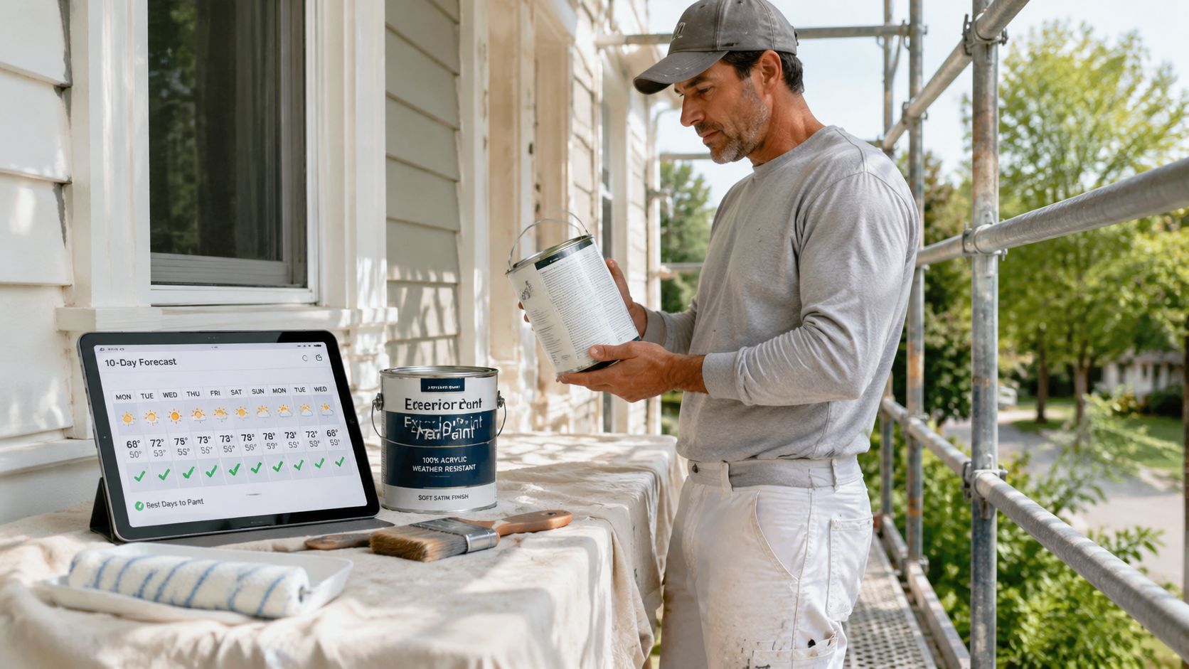 En maler forbereder sig på at male huset udvendigt ved at tjekke vejrudsigten på en tablet.