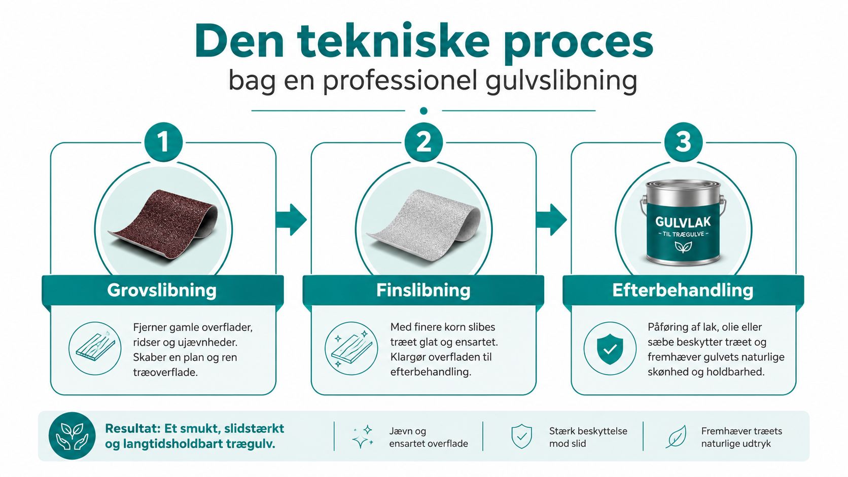 En infografik der viser de tre trin i en professionel proces for slibning af et trægulv.
