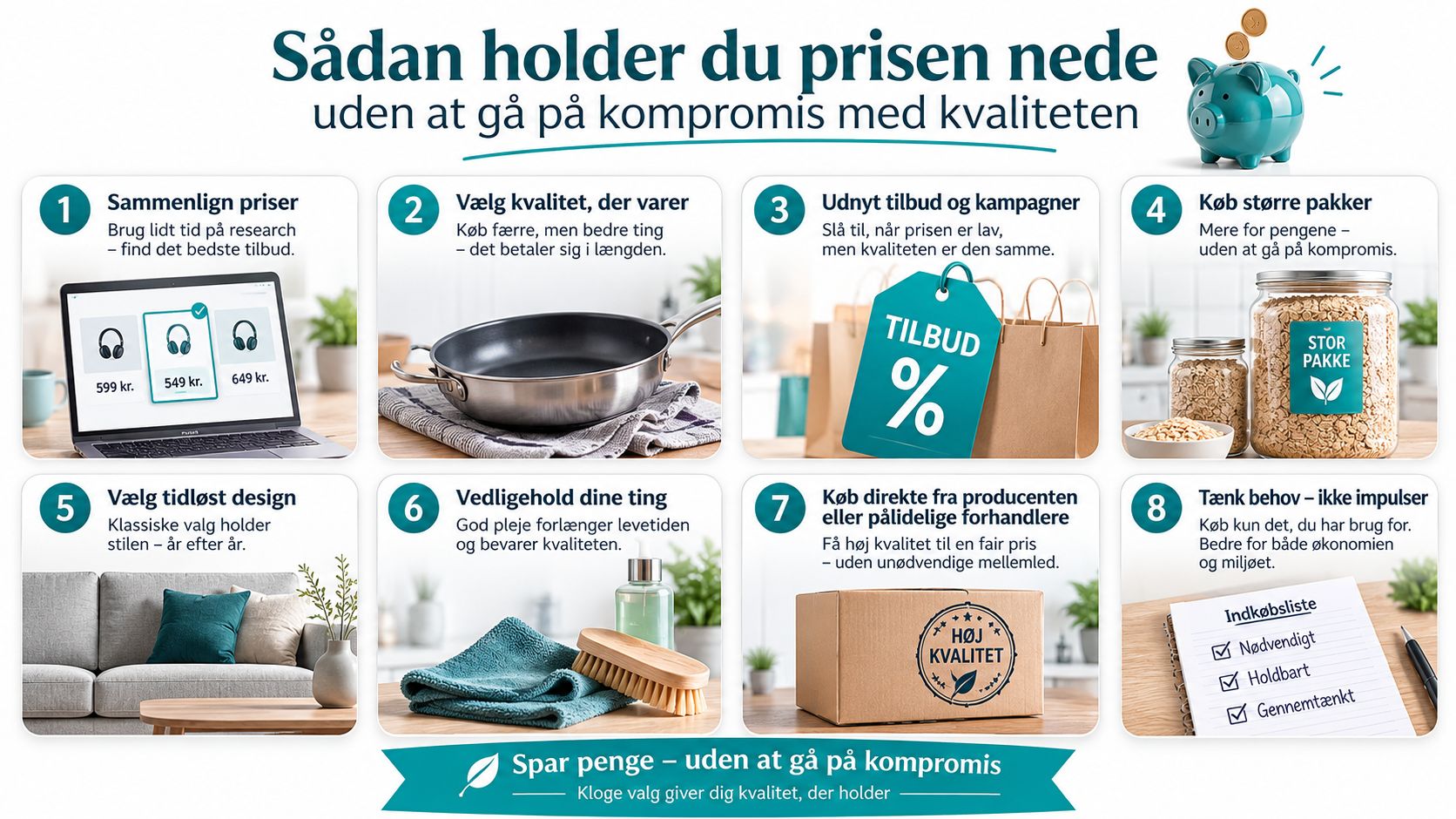 En infografik med otte gode råd til hvordan man sparer penge uden at gå på kompromis med kvaliteten.
