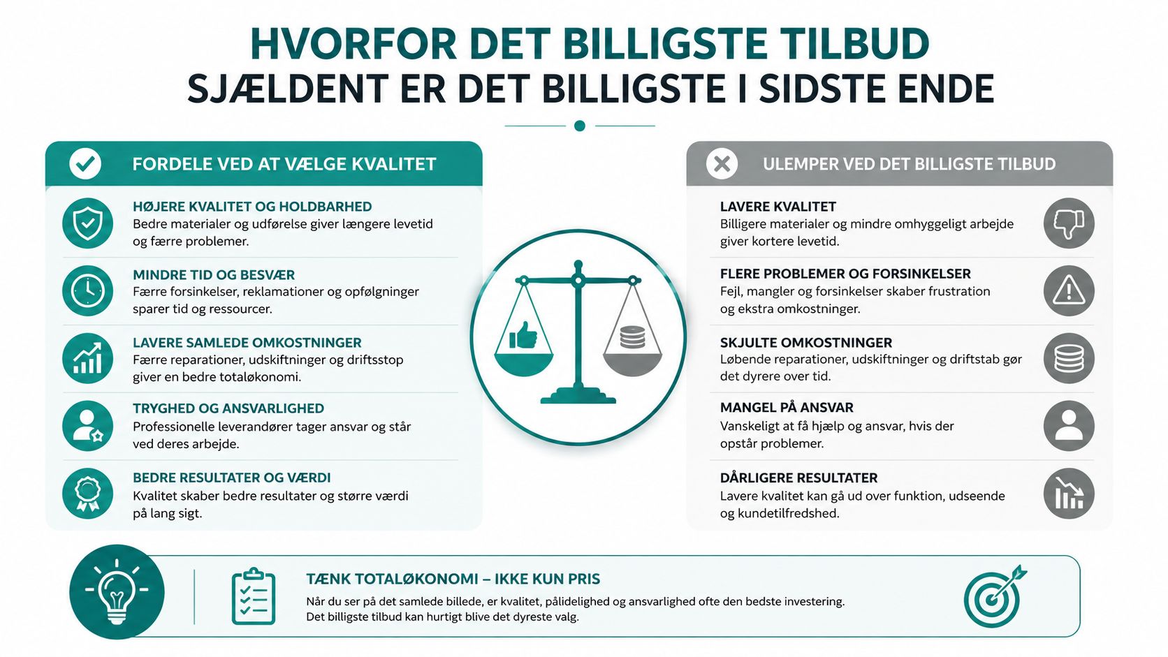 En infografik der sammenligner fordele ved kvalitet med ulemperne ved altid at vælge det billigste tilbud.