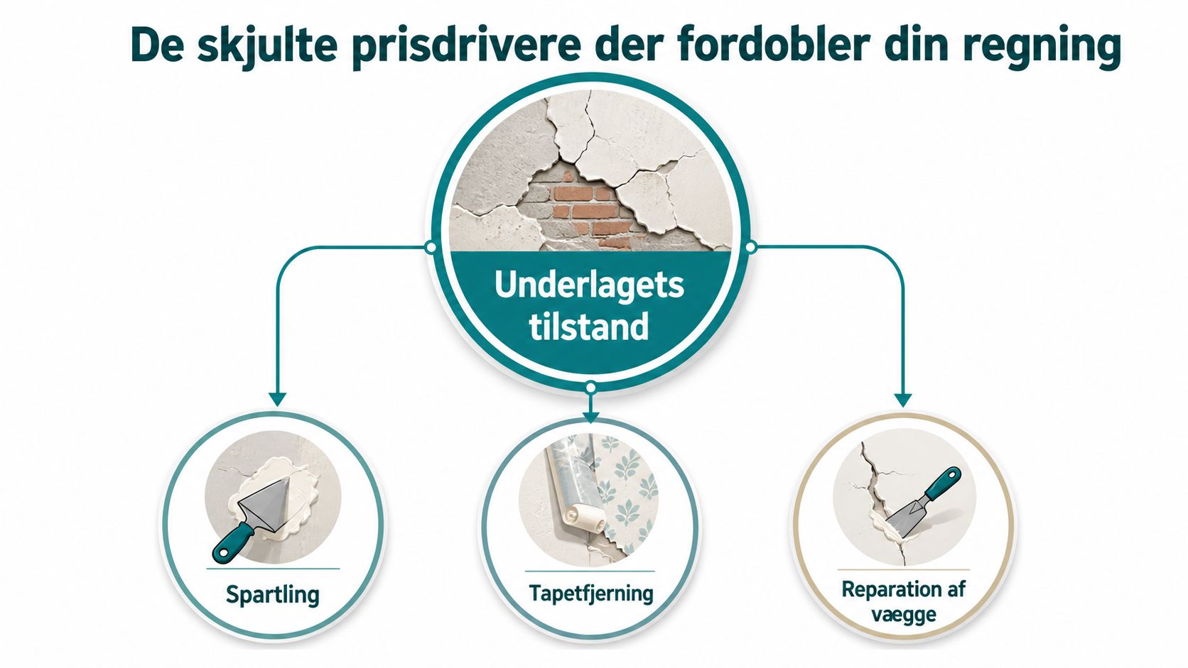 En infografik der viser de skjulte faktorer som spartling, tapetfjerning og vægreparation, der påvirker prisen på malerarbejde.