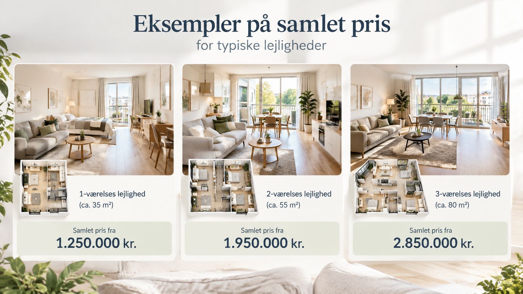 Eksempler på samlet pris for typiske lejligheder på 35, 55 og 80 kvadratmeter med tilhørende plantegninger.