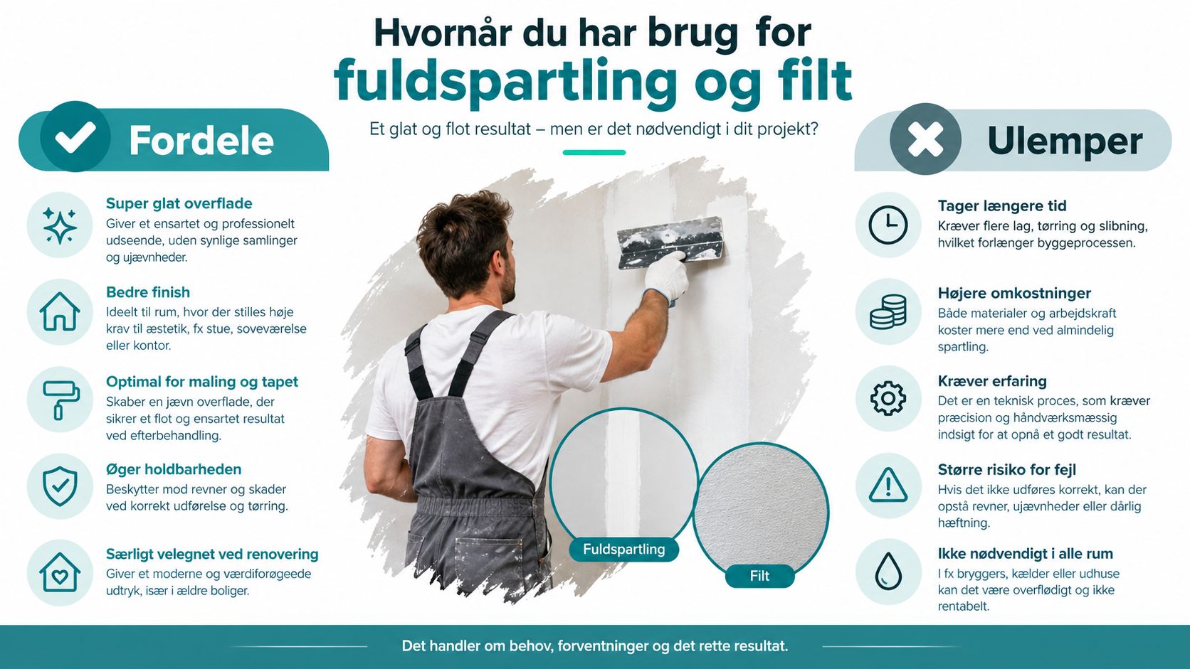 En infografik der forklarer fordele og ulemper ved fuldspartling og filt til renovering af vægge.