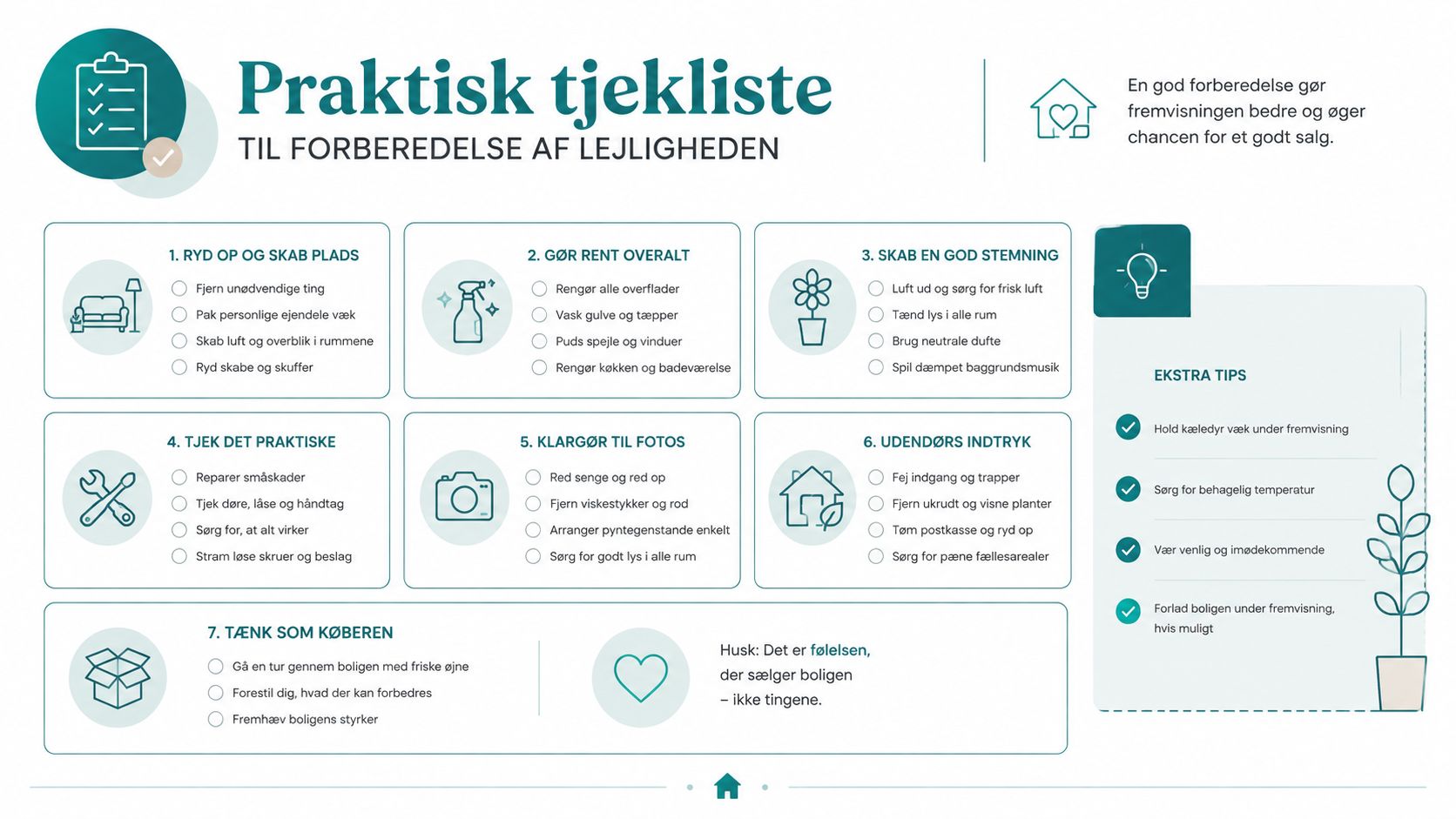 En praktisk tjekliste til forberedelse af lejlighed før salg med gode råd til oprydning, rengøring og fremvisning.