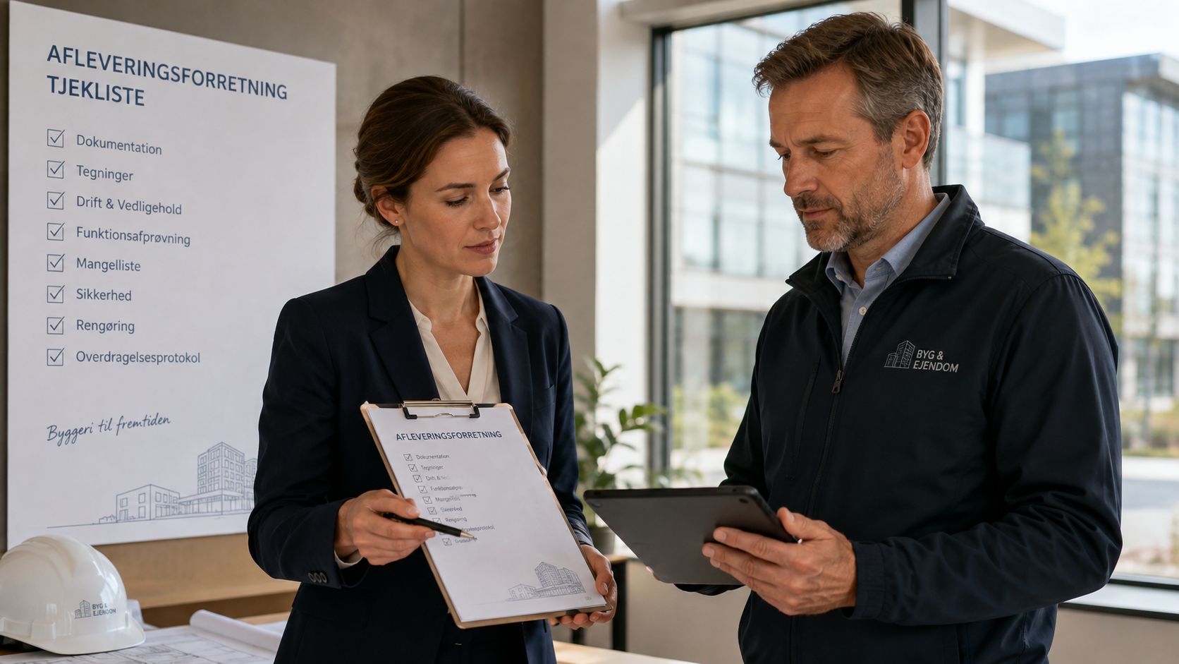 En kvinde og en mand gennemgår en tjekliste for afleveringsforretning på et byggeprojekt sammen på et kontor.