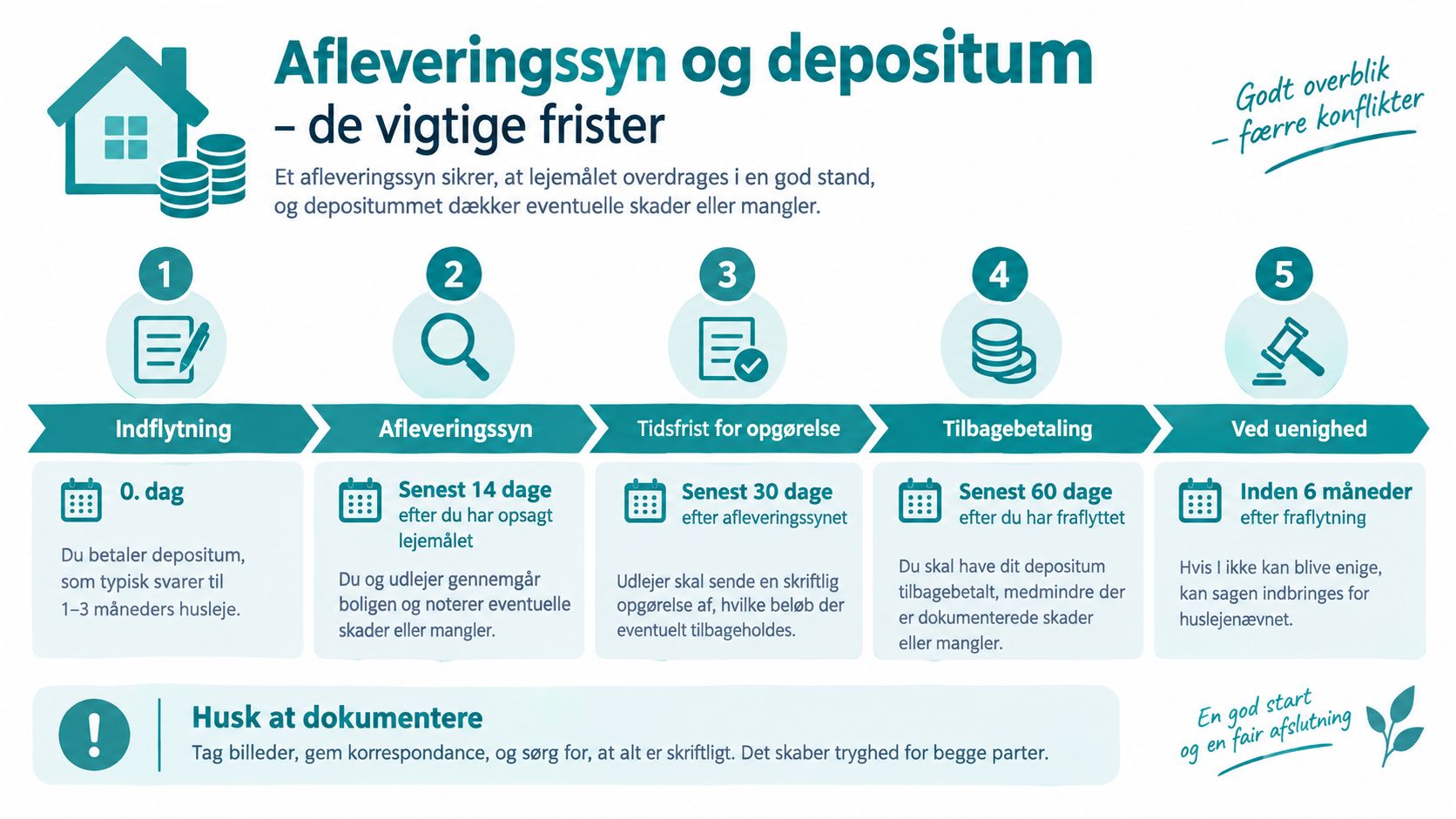 En infografik der viser de fem vigtigste tidsfrister vedrørende afleveringssyn og tilbagebetaling af depositum ved lejemål.