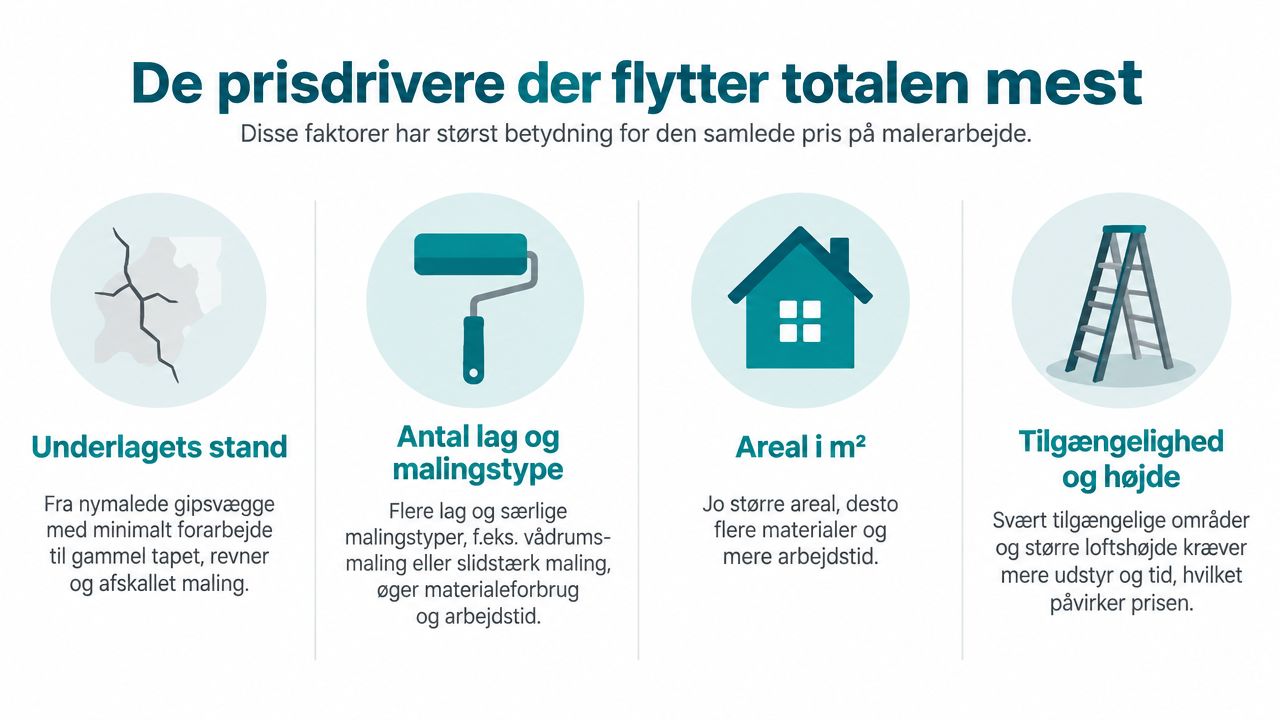 Infografik der viser de fire vigtigste faktorer der påvirker prisen på professionelt malerarbejde i hjemmet.