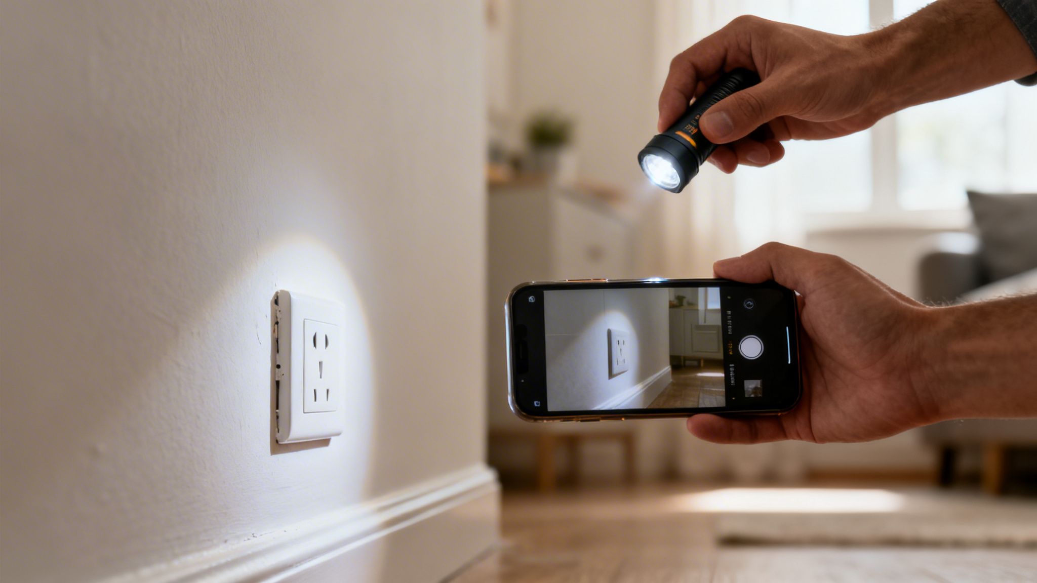 En person bruger en lommelygte til at belyse en stikkontakt og tager et billede med en smartphone.